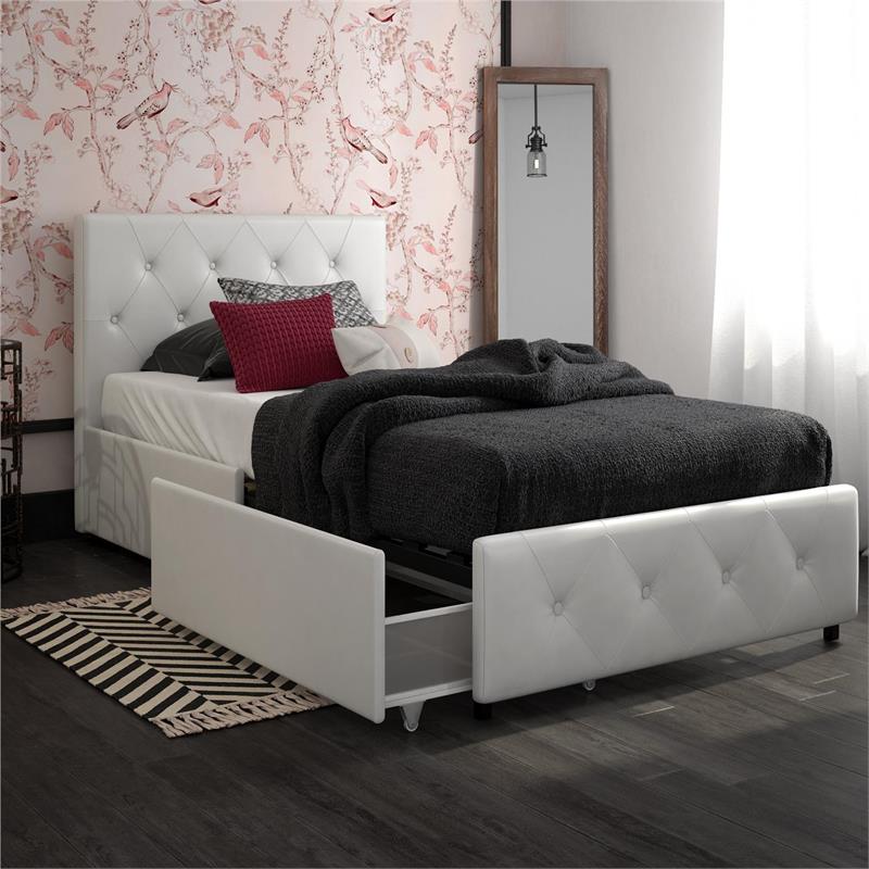 DHP Dean White Faux Leather Upholstered Twin Bed with Storage