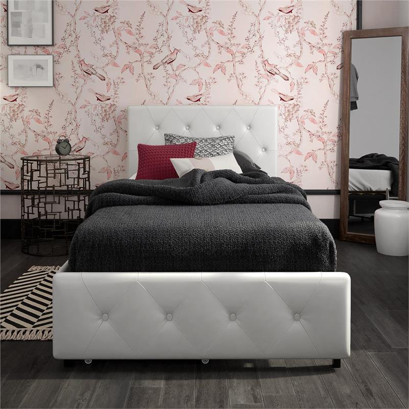 DHP Dean White Faux Leather Upholstered Twin Bed with Storage