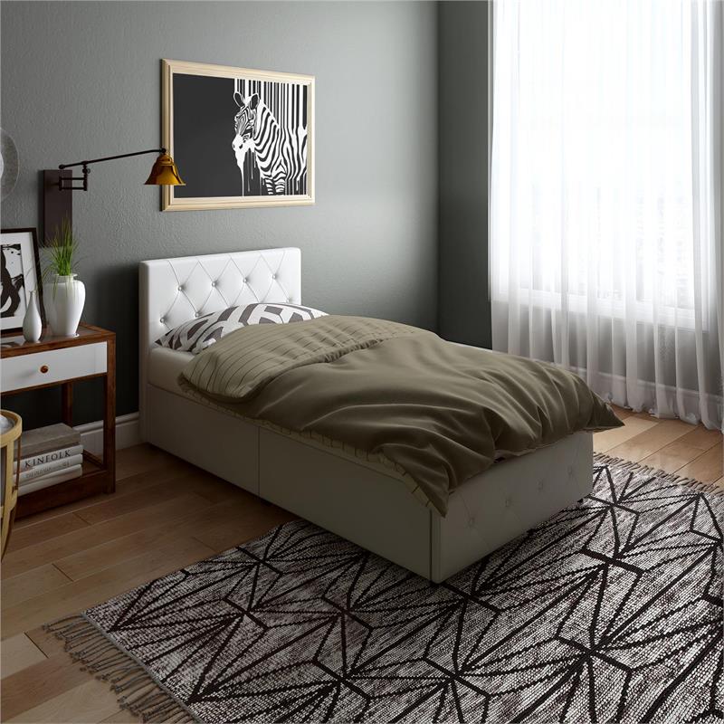 DHP Dean White Faux Leather Upholstered Twin Bed with Storage