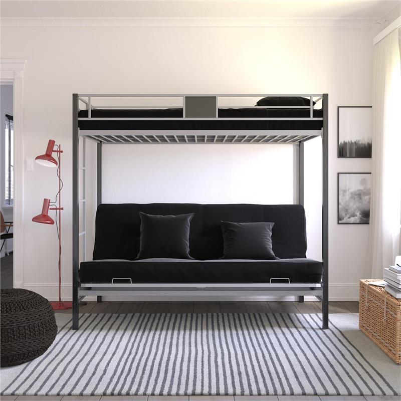 DHP Silver Screen Twin over Futon Metal Bunk Bed in Silver/Black