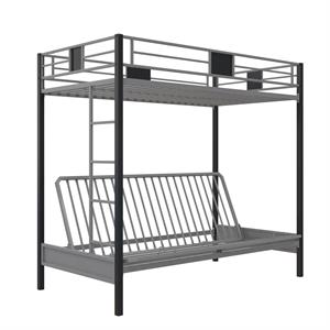 dhp silver screen twin over futon metal bunk bed in silver/black
