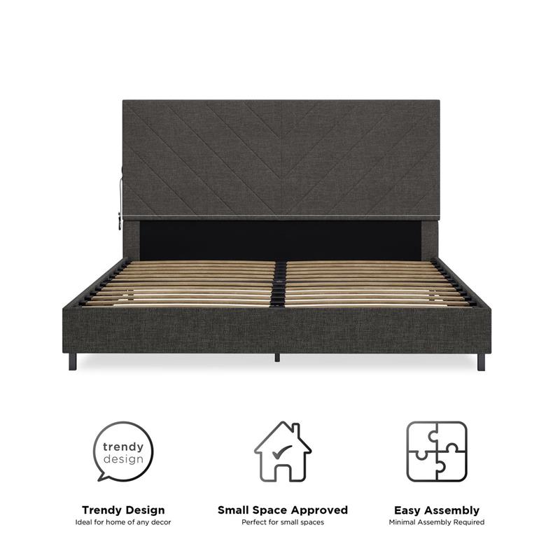 DHP Mathias Upholstered Bed with USB Dual Port Queen  in Gray Linen