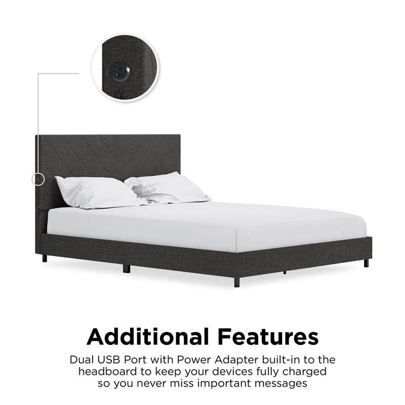 DHP Mathias Upholstered Bed with USB Dual Port Queen  in Gray Linen