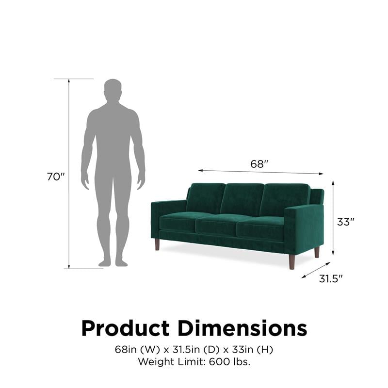 DHP Brynn 3 Seater Sofa in Green Velvet