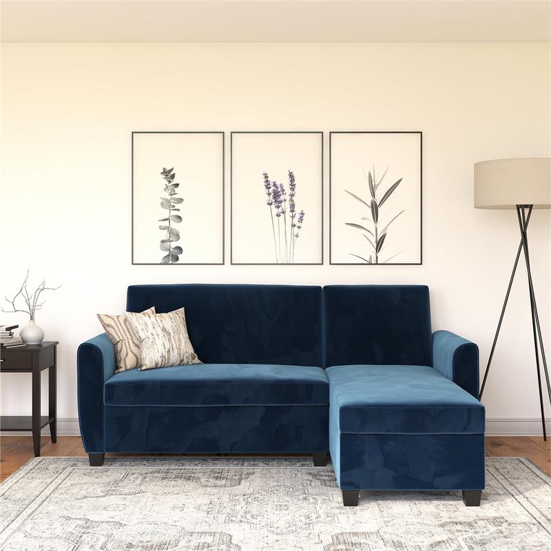 DHP Collin Sectional Sofa Bed with Storage Space Twin in Dark Blue Velvet