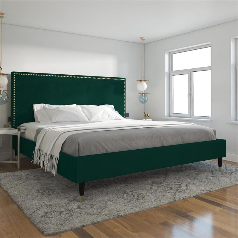 CosmoLiving by Cosmopolitan Audrey Upholstered Bed King in Emerald Green Velvet