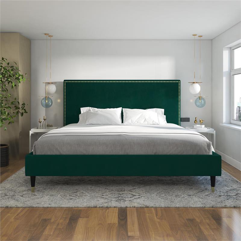 CosmoLiving by Cosmopolitan Audrey Upholstered Bed King in Emerald Green Velvet Cymax Business