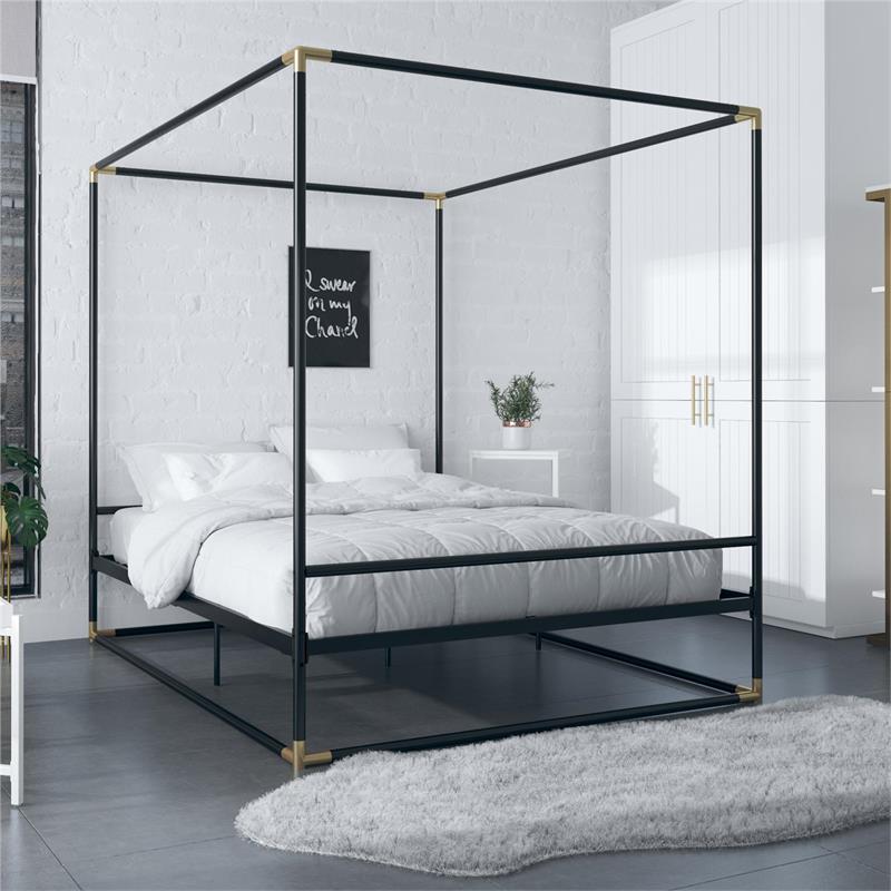 CosmoLiving Celeste Canopy Metal Bed Queen Size Frame in Black/Gold
