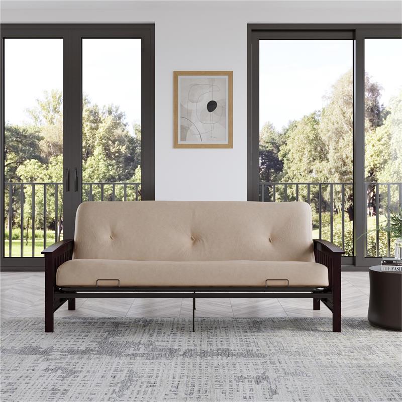 DHP Laurel Full Espresso Wood Arm Futon Frame with 6