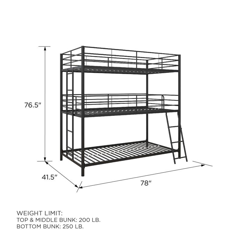 Max & Finn Altona Metal Triple Bunk Bed Bed for Kids Twin/Twin/Twin in Black