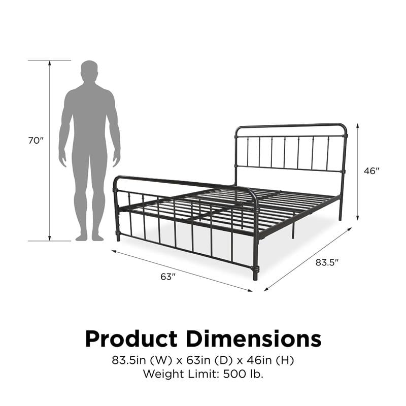 DHP Winston Metal Platform Bed with Rustic Design and Curved Edge Queen in Black