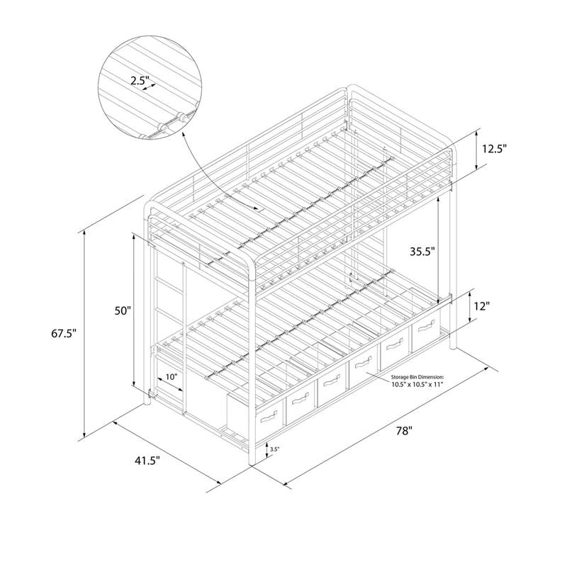 DHP Bonnie Twin/Twin Bunk Bed with Storage Bins in Black