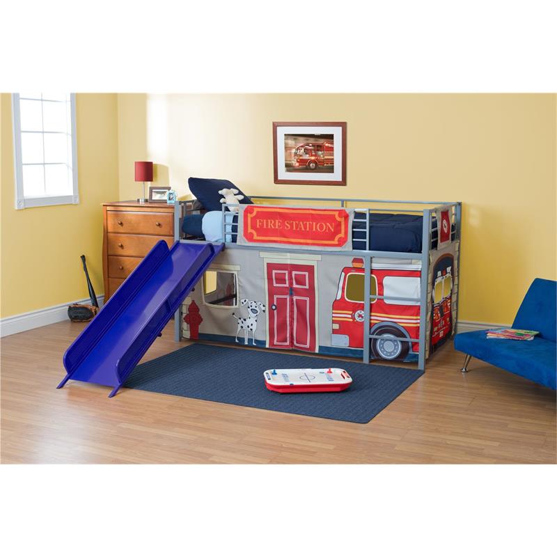 DHP Junior Silver Metal Loft Bed with Slide and Curtain Set Kids