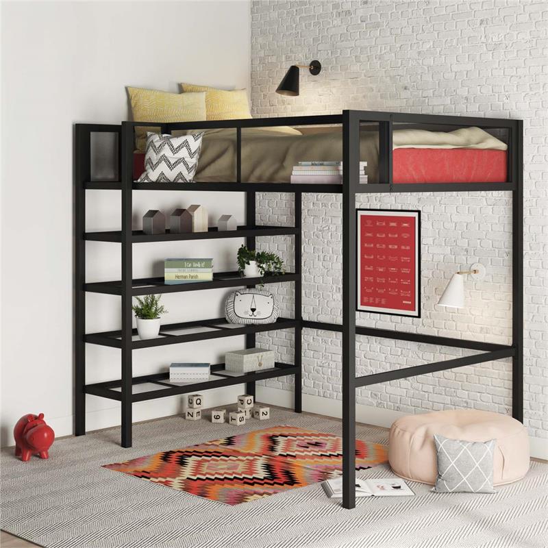 DHP Storage Loft bed with Bookcase in Black Metal