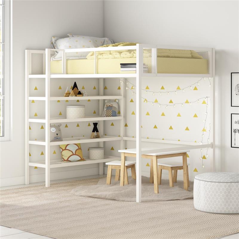 DHP Metal Storage Loft Bed with Bookcase Twin in White