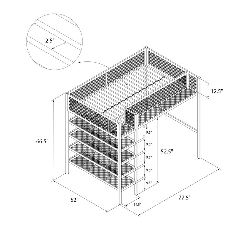 DHP Metal Storage Loft Bed with Bookcase Twin in White