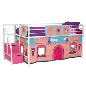 dhp sol junior twin metal loft bed and princess castle curtain set in white/pink