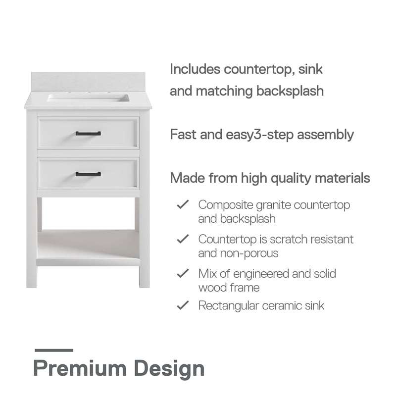 DHP Missouri 24 Inch Bathroom Vanity with Modern Carrera Countertop in White