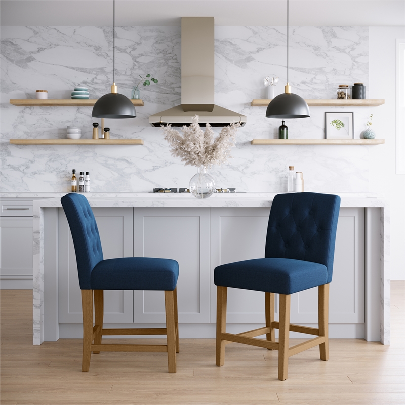 DHP Jane Parsons Upholstered Counter Stool with Tufting in Navy Blue Linen