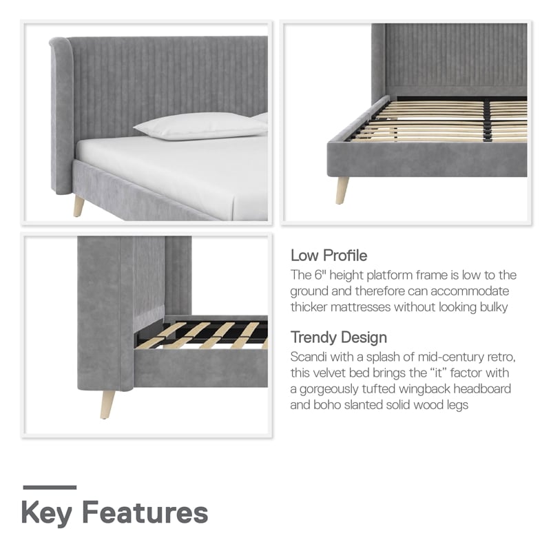 Novogratz Holly Upholstered Wingback Bed Frame in Queen in Light Gray Velvet