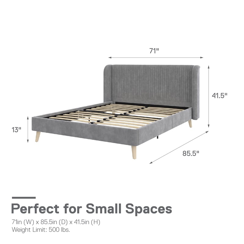 Novogratz Holly Upholstered Wingback Bed Frame in Queen in Light Gray Velvet