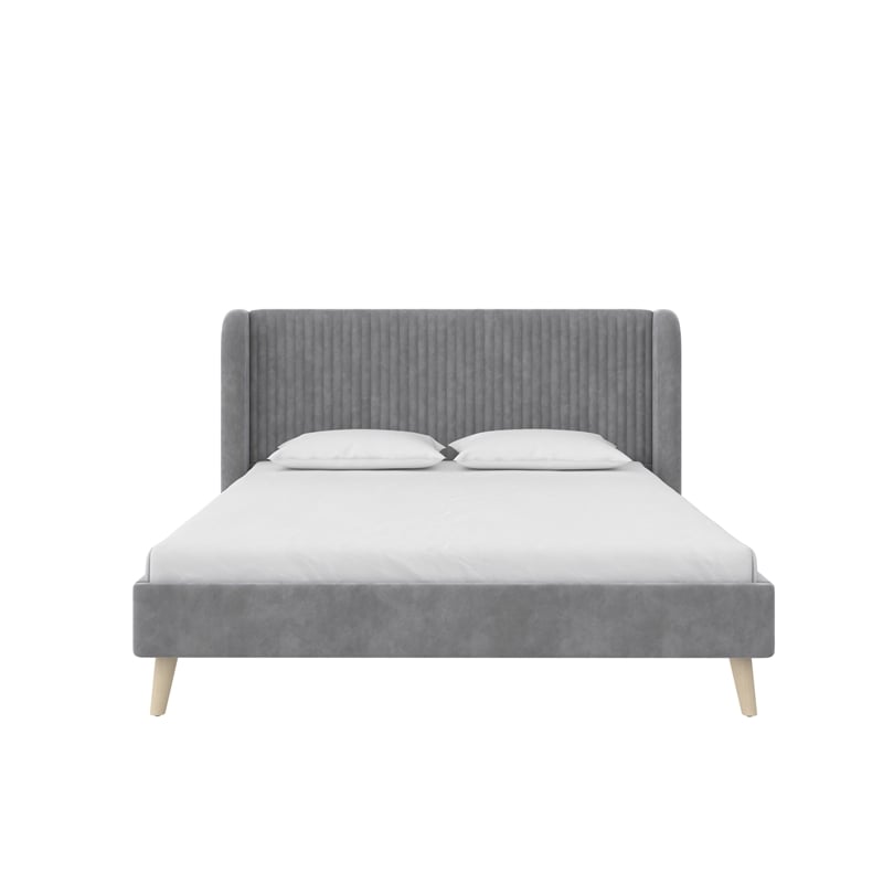 Novogratz Holly Upholstered Wingback Bed Frame in Queen in Light Gray Velvet