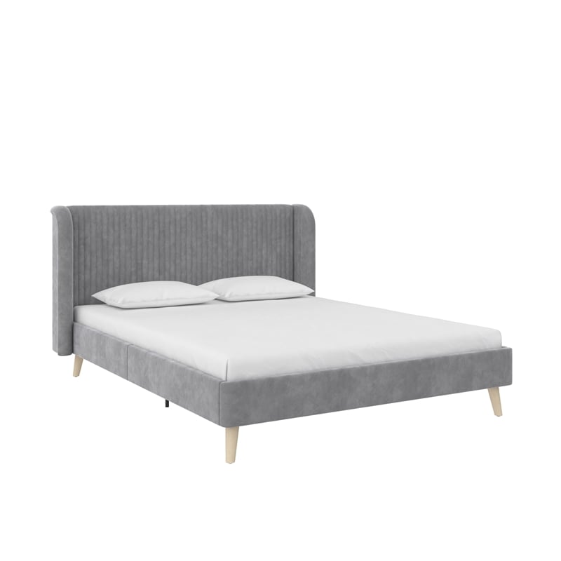 Novogratz Holly Upholstered Wingback Bed Frame in Queen in Light Gray Velvet