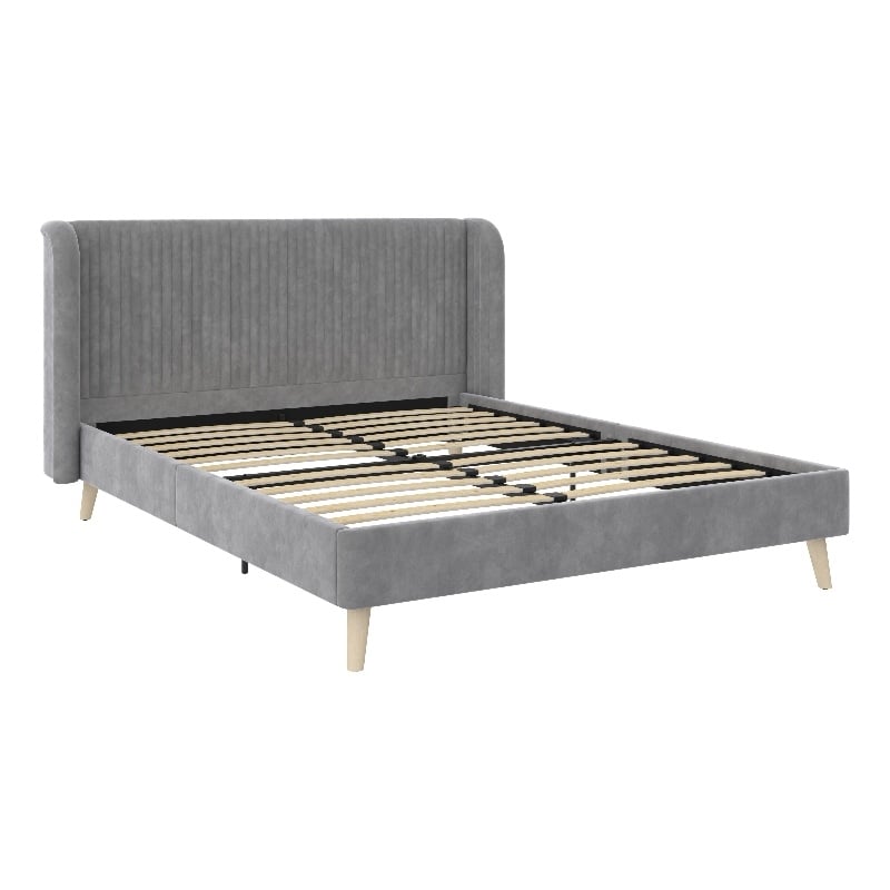Novogratz Holly Upholstered Wingback Bed Frame in Queen in Light Gray Velvet