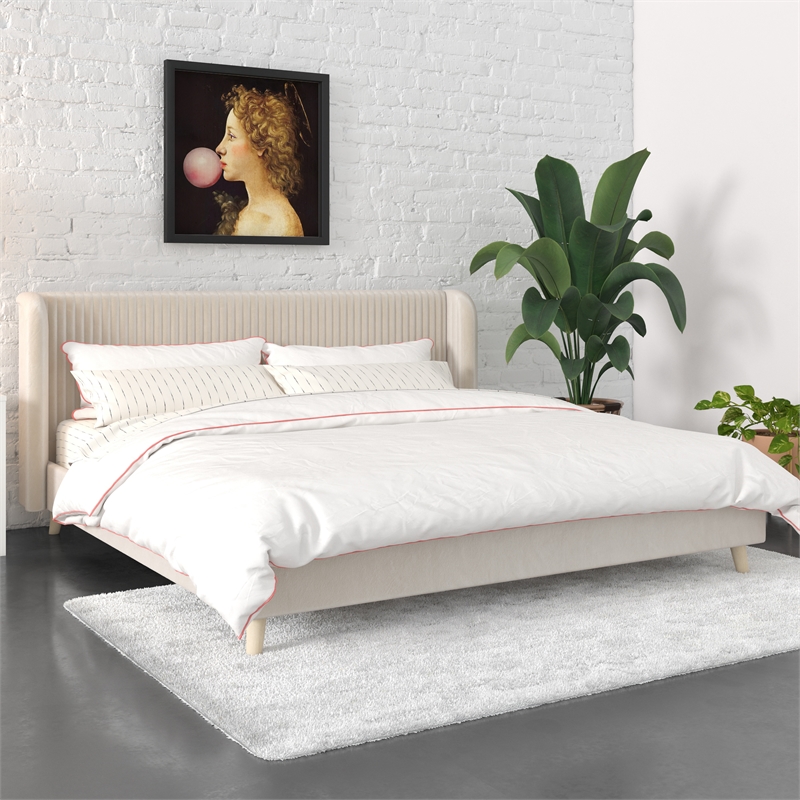 Novogratz Holly Upholstered Wingback Bed Frame King Ivory Velvet