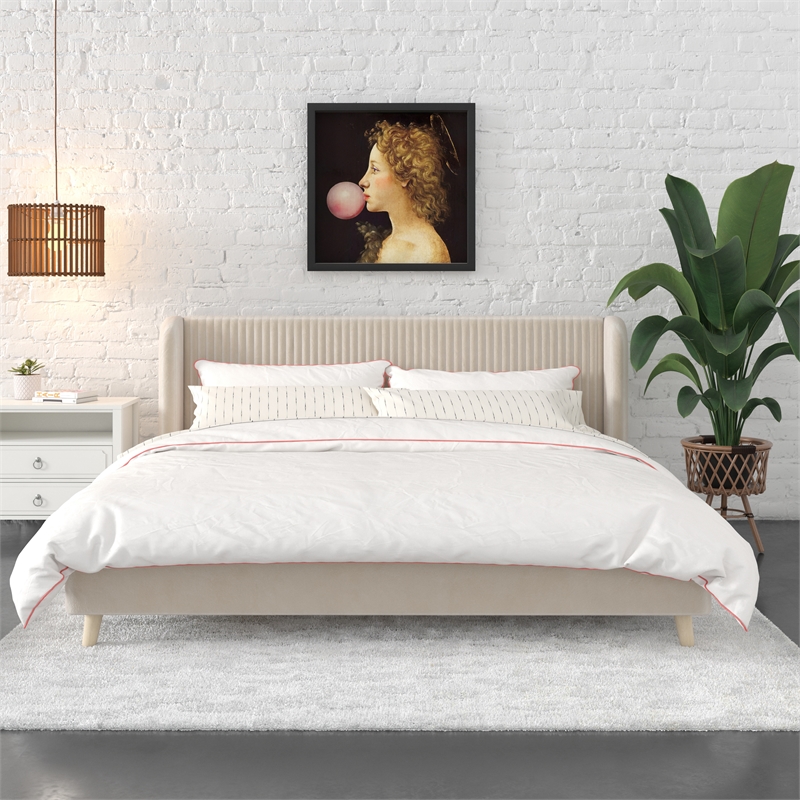Novogratz Holly Upholstered Wingback Bed Frame King Ivory Velvet