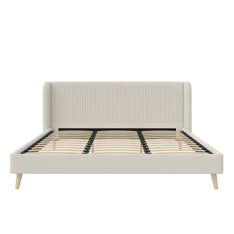 Novogratz Holly Upholstered Wingback Bed Frame King Ivory Velvet
