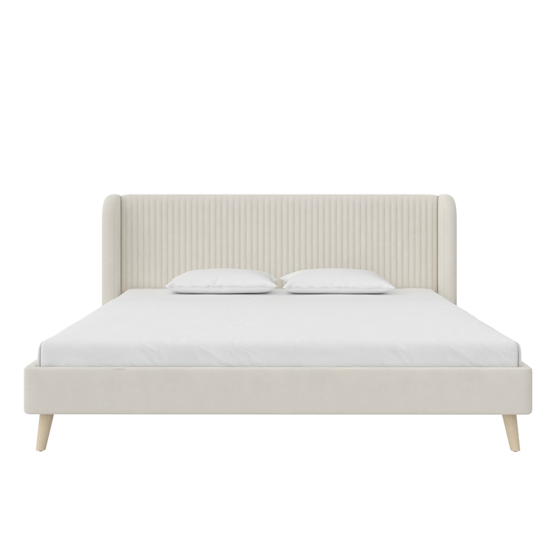 Novogratz Holly Upholstered Wingback Bed Frame King Ivory Velvet