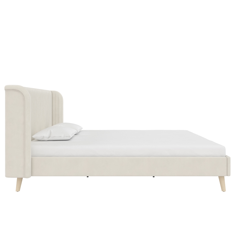 Novogratz Holly Upholstered Wingback Bed Frame King Ivory Velvet
