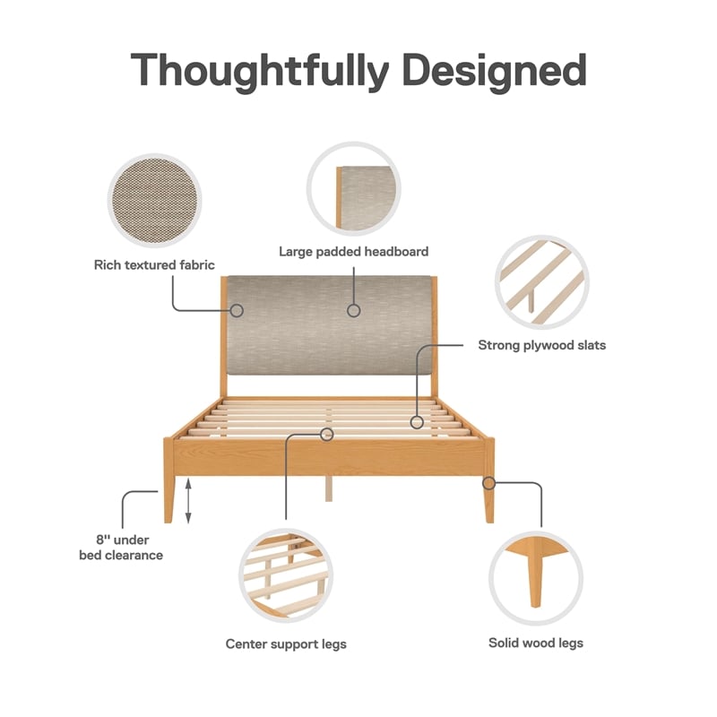 DHP Dacin Wood Queen Size Bed Frame with Upholstered Headboard in Beige Linen