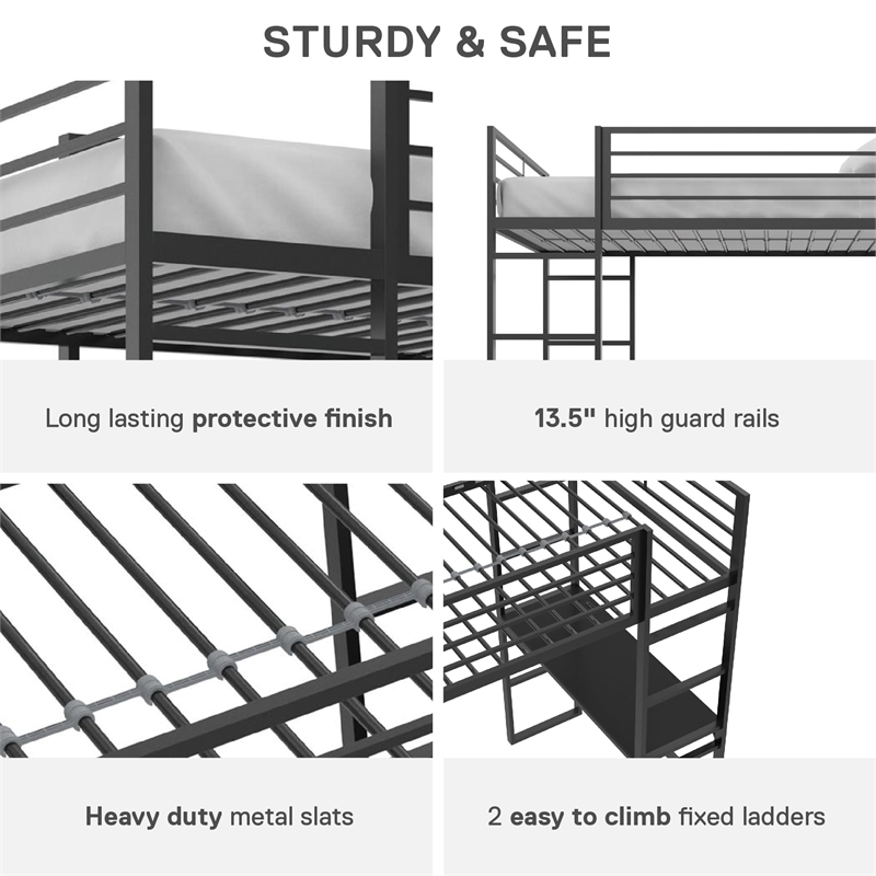 DHP Lanis Metal Storage Twin Loft Bed with Desk in Black