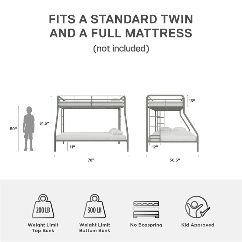 DHP Dusty Twin over Full Metal Bunk Bed with Secured Ladders in Thyme Green