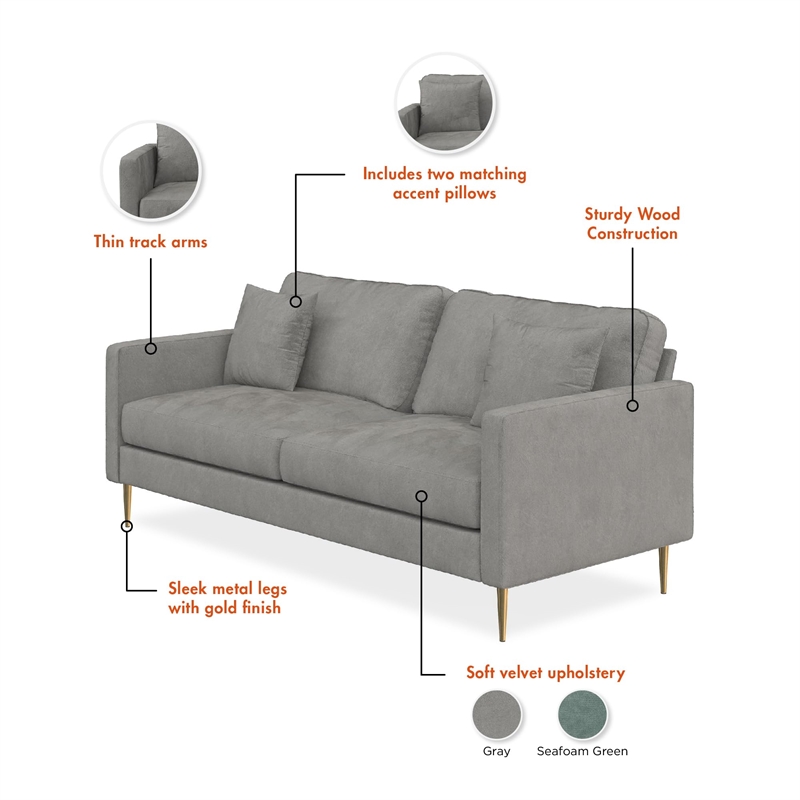 CosmoLiving by Cosmopolitan Highland Sofa with Pillows in Gray Velvet