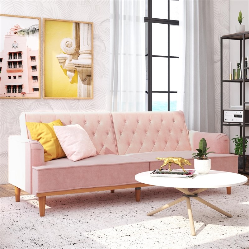 Mr. Kate Stella Vintage Convertible Sofa Bed Futon in Pink Velvet Cymax Business