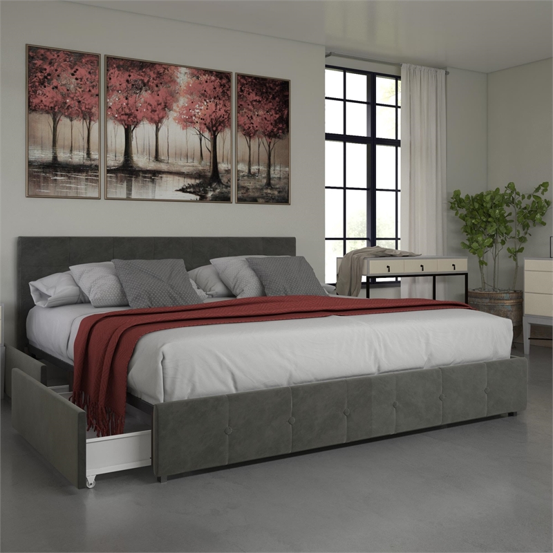 DHP Ryan King Velvet Upholstered Bed with Storage in Grey