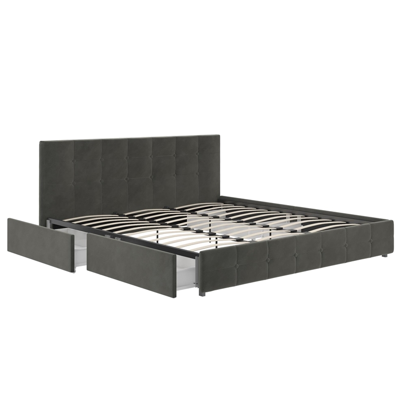DHP Ryan King Velvet Upholstered Bed with Storage in Grey
