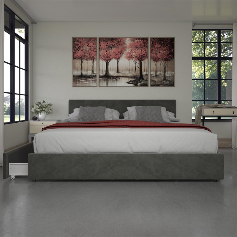DHP Ryan King Velvet Upholstered Bed with Storage in Grey