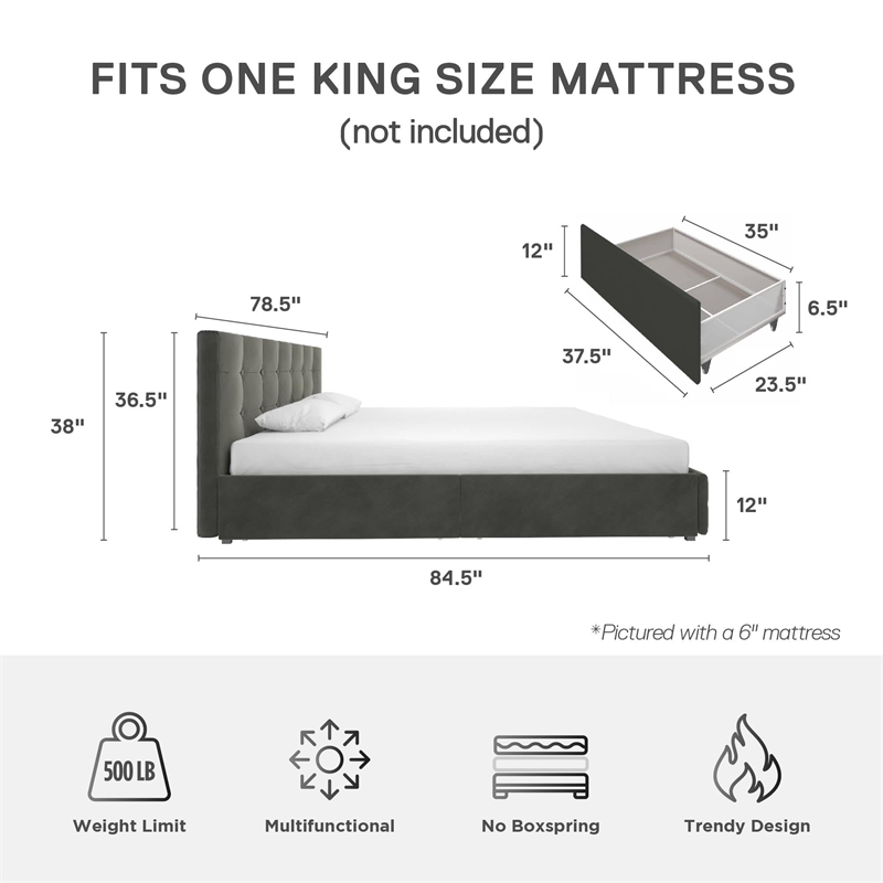 DHP Ryan King Velvet Upholstered Bed with Storage in Grey