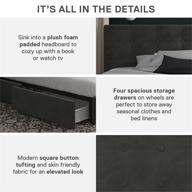 DHP Ryan King Velvet Upholstered Bed with Storage in Grey