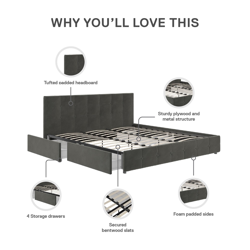 DHP Ryan King Velvet Upholstered Bed with Storage in Grey