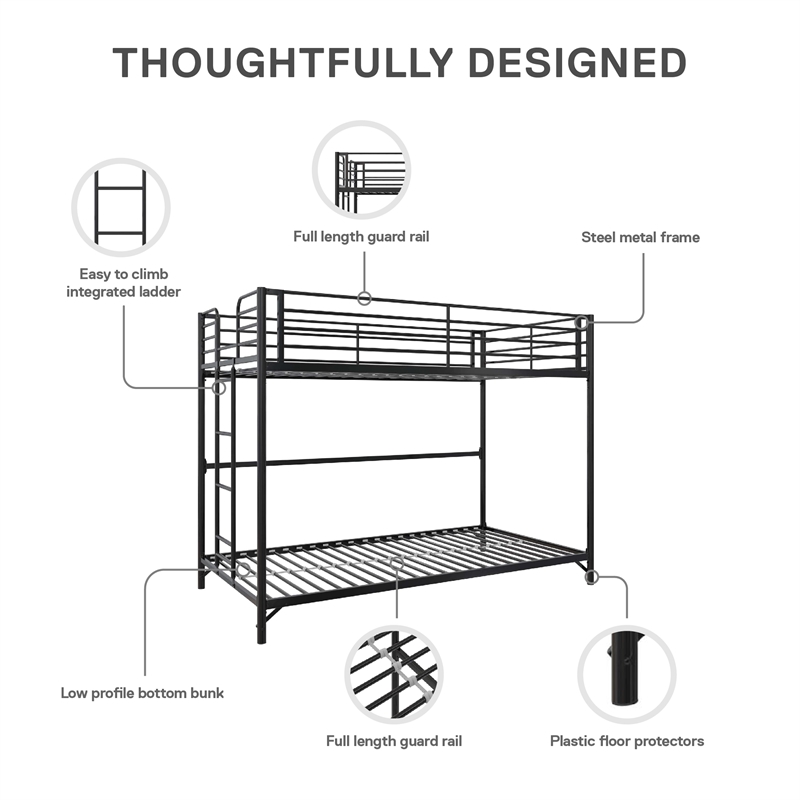 DHP BrEZ Build Daven Twin Over Twin Metal Bunk Kids Bed in Black