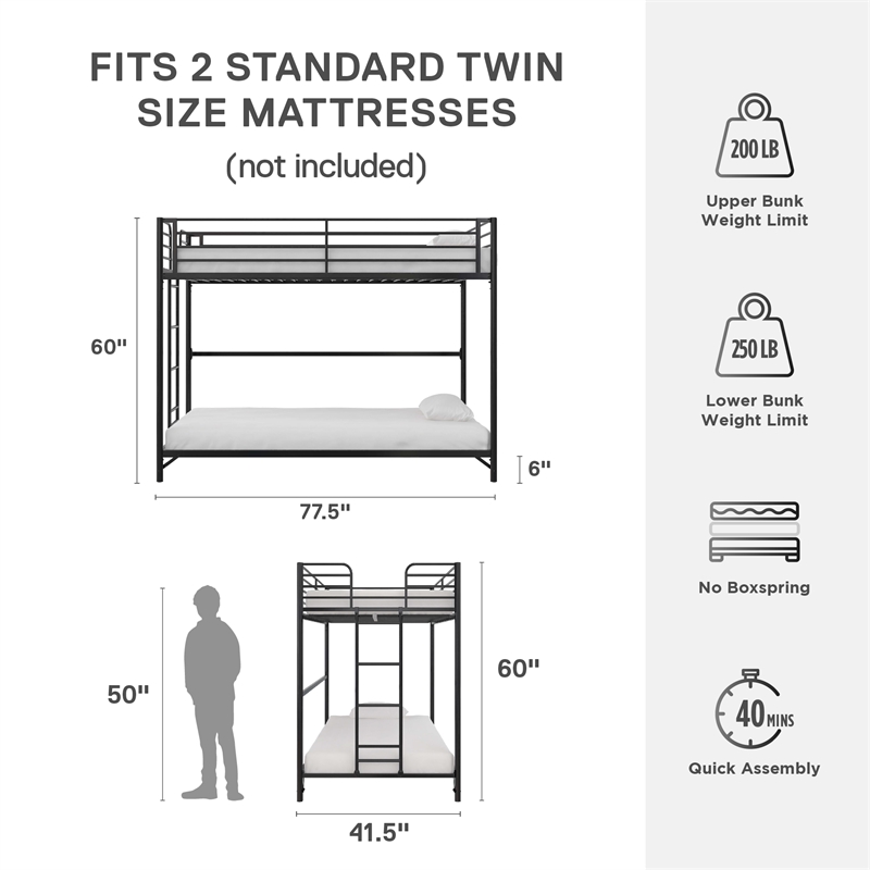 DHP BrEZ Build Daven Twin Over Twin Metal Bunk Kids Bed in Black