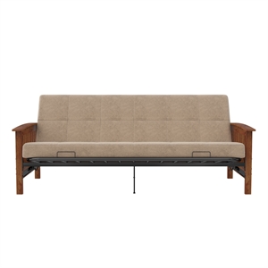 dhp brixen cherry wood arm metal futon frame with 6-inch full mattress in tan