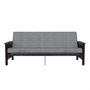 dhp brixen cherry wood arm metal futon frame with 6-inch full mattress in gray