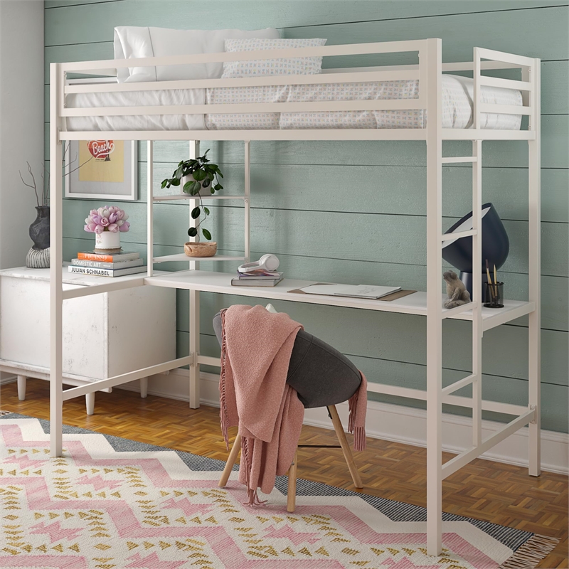 Novogratz Maxwell Metal Twin Loft Bed with Desk in Off White