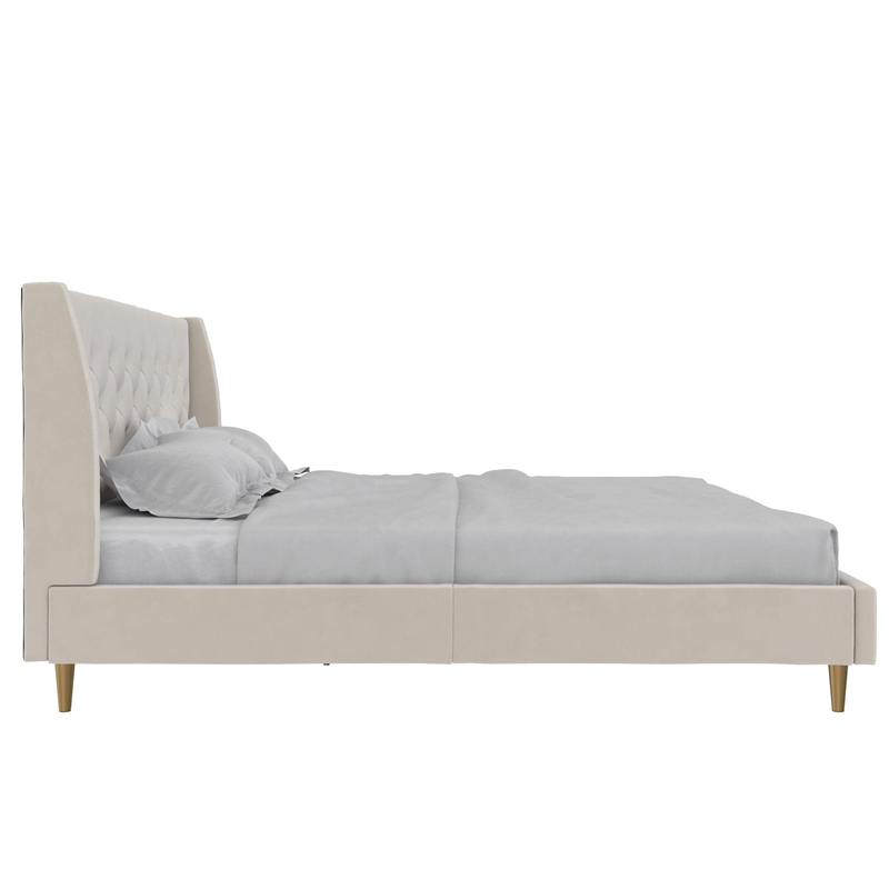 Novogratz Her Majesty Tufted Upholstered King Bed Frame in Ivory Velvet
